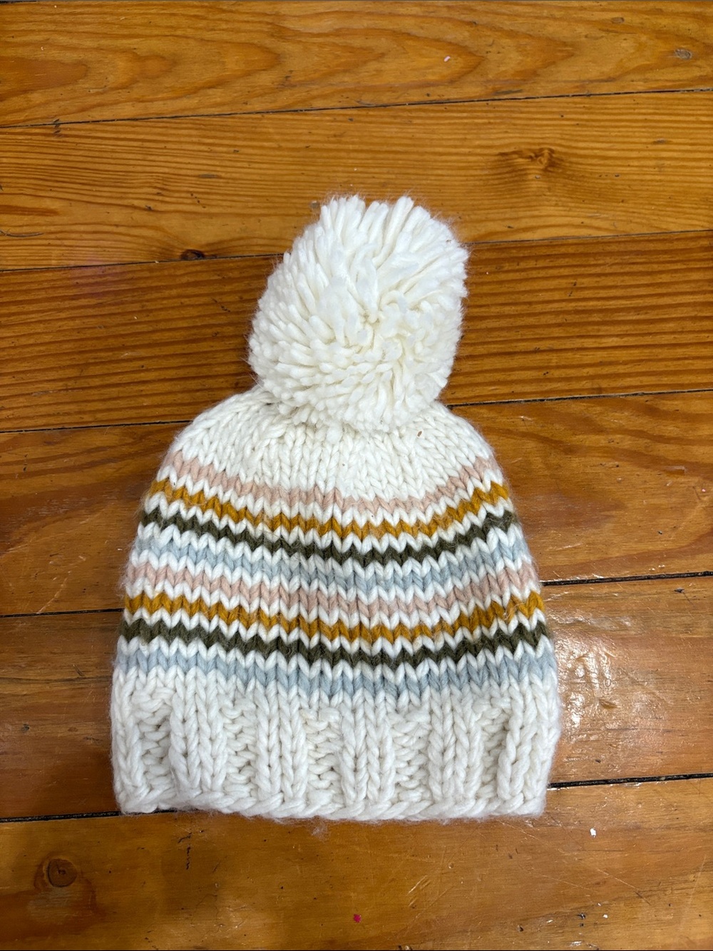 Cream Kids Pom-Pom Beanie with Rainbow Stripes Size small 6-24 months